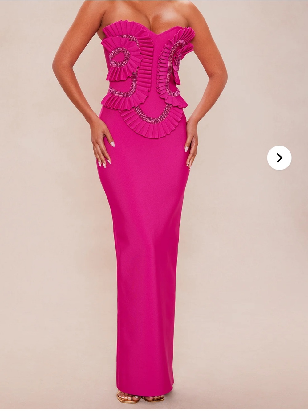 Strapless Fuchsia Ruffle-Detail Evening Gown